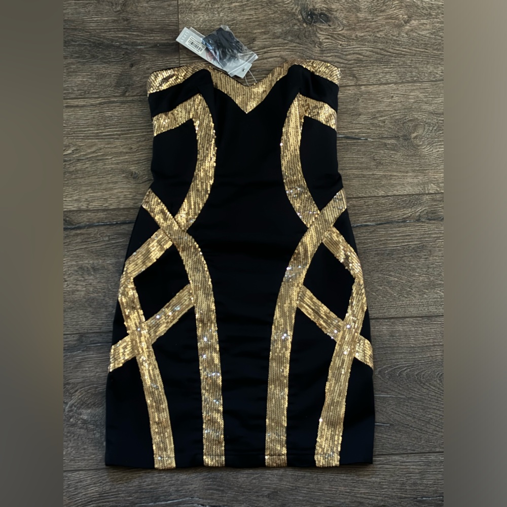 Brand New with the tags Lipsy Strapless Black and Gold Sequin Trim Dress Size 2